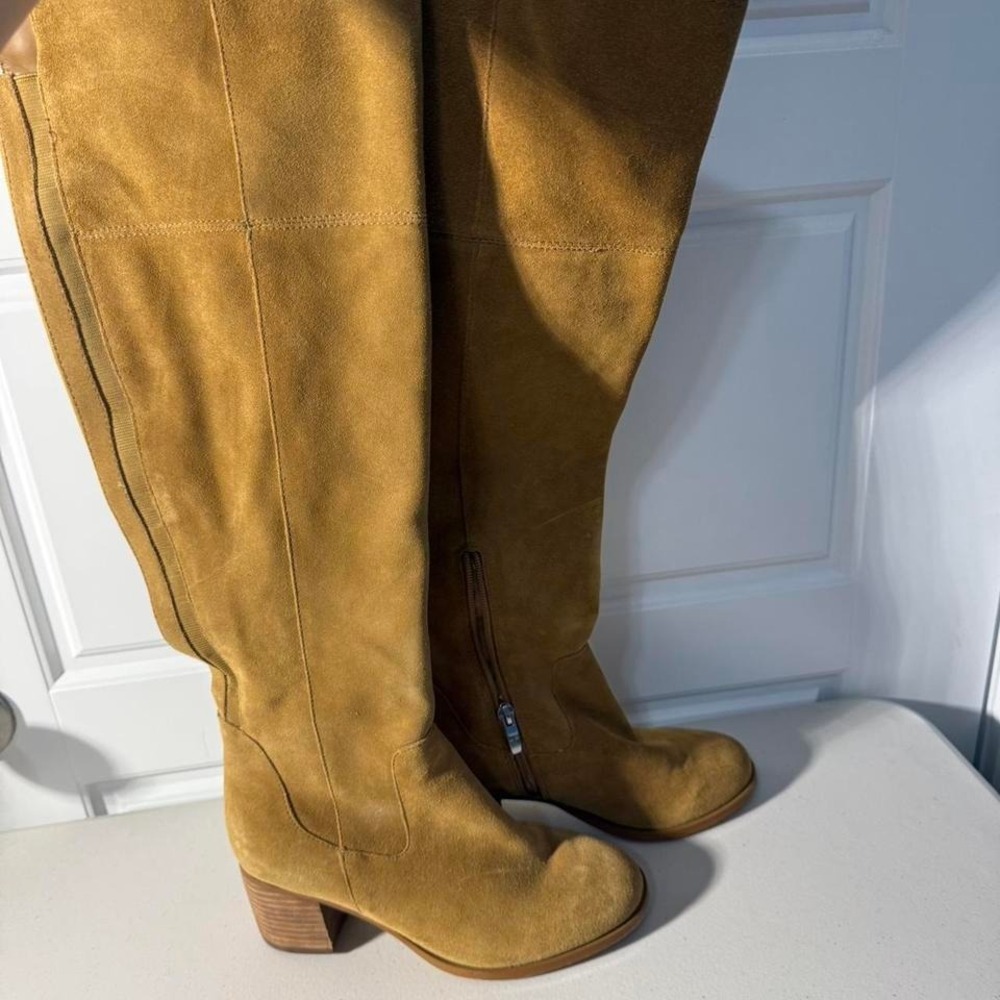 Marc Fisher Suede Over The Knee Boots Tan Block Heel Side Zip Women Size 6